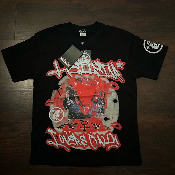 Black Graphic T-Shirt with Red and White Design - Picture 1 of 3